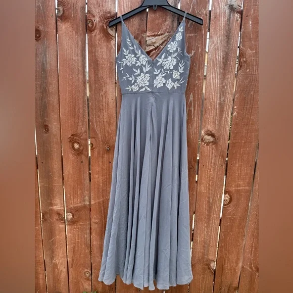 Anthropologie BHLDN Sadia Gray Floral Embroidered Bridesmaid Dress Size 4 - Picture 4 of 8